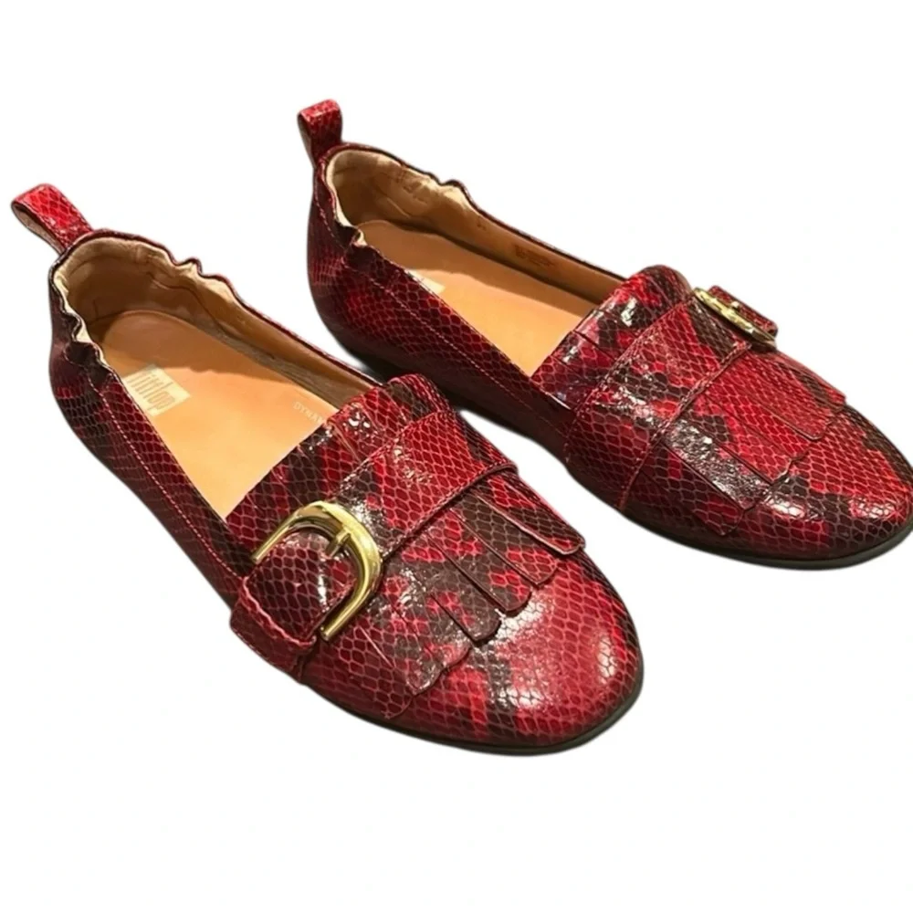 Fitflop Allegro Fringed Buckled Leather Loafer Snakeskin Embossed Red Size 6